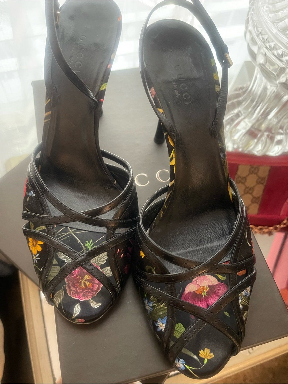 Gucci Black Floral Crisscross Slingback Heels with Multicolor Blooms